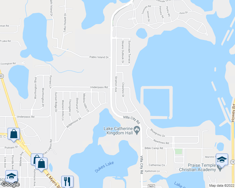map of restaurants, bars, coffee shops, grocery stores, and more near 1138 Stratton Avenue in Groveland