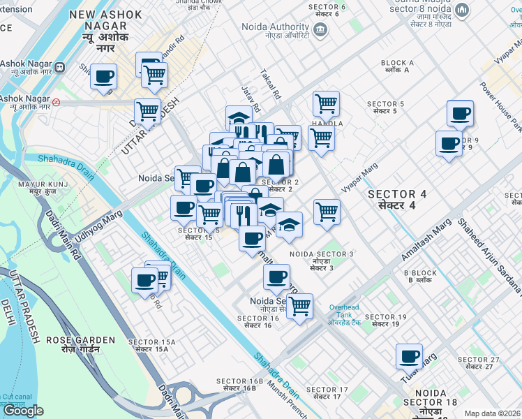map of restaurants, bars, coffee shops, grocery stores, and more near in Noida