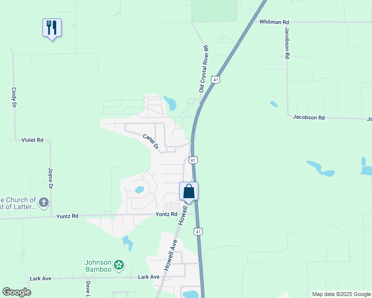 map of restaurants, bars, coffee shops, grocery stores, and more near 21505 Campbell Drive in Brooksville