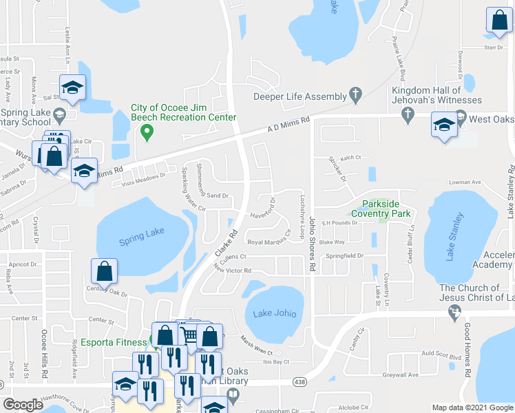 map of restaurants, bars, coffee shops, grocery stores, and more near 1918 Saint James Court in Ocoee