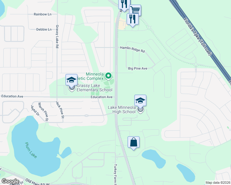 map of restaurants, bars, coffee shops, grocery stores, and more near North Hancock Road in Minneola