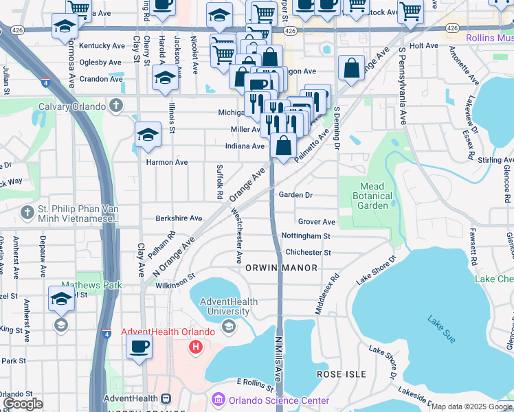 map of restaurants, bars, coffee shops, grocery stores, and more near 1460 Leith Avenue in Winter Park