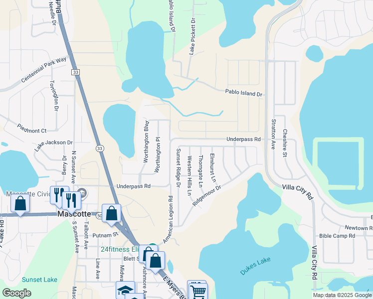 map of restaurants, bars, coffee shops, grocery stores, and more near 1871 Western Hills Lane in Mascotte