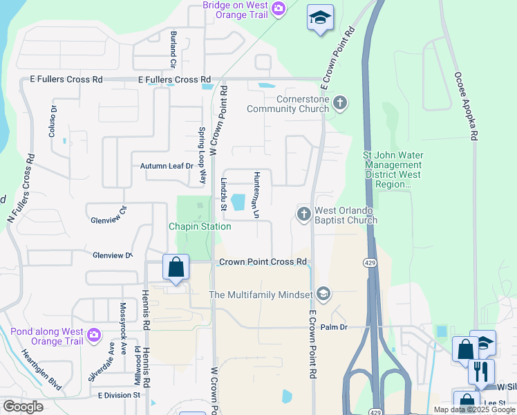 map of restaurants, bars, coffee shops, grocery stores, and more near 1327 Hunterman Lane in Winter Garden
