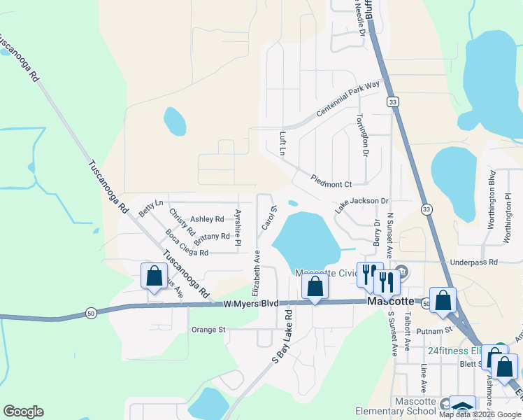 map of restaurants, bars, coffee shops, grocery stores, and more near 329 Elizabeth Avenue in Mascotte
