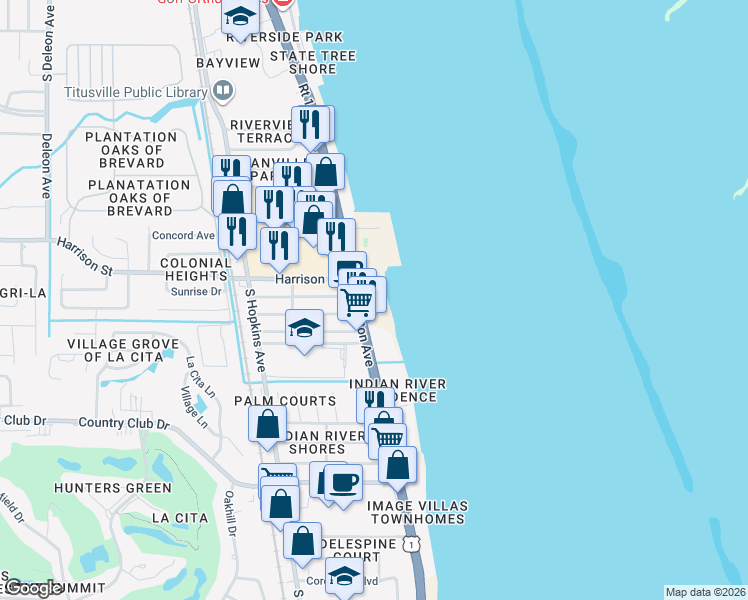 map of restaurants, bars, coffee shops, grocery stores, and more near 2825 South Washington Avenue in Titusville