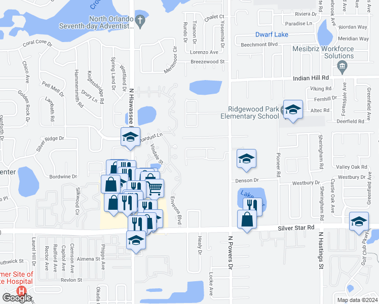 map of restaurants, bars, coffee shops, grocery stores, and more near 6458 Redwood Oaks Drive in Orlando