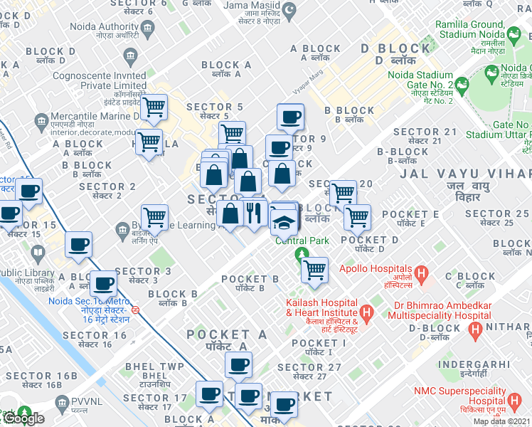 map of restaurants, bars, coffee shops, grocery stores, and more near in Noida