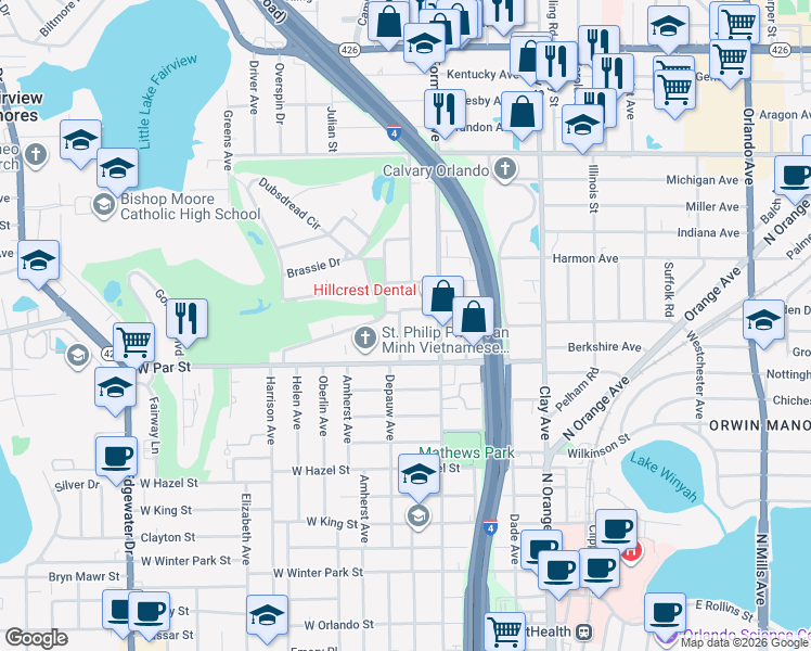 map of restaurants, bars, coffee shops, grocery stores, and more near 35 Roclair Avenue in Orlando