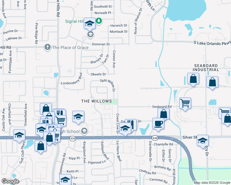 map of restaurants, bars, coffee shops, grocery stores, and more near 3164 Split Willow Drive in Orlando