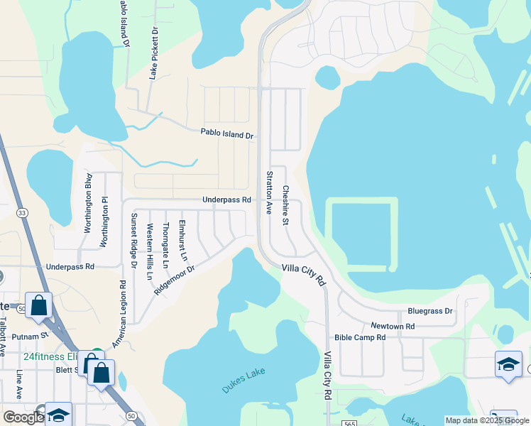 map of restaurants, bars, coffee shops, grocery stores, and more near 1139 Stratton Avenue in Groveland