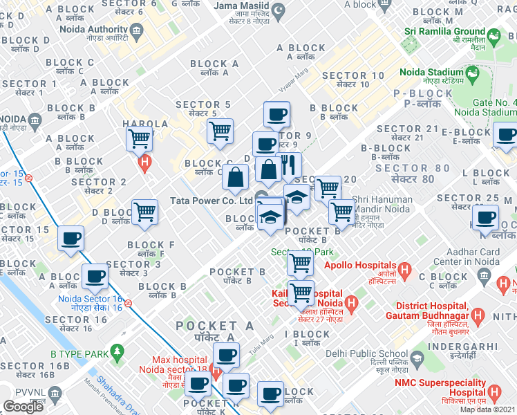 map of restaurants, bars, coffee shops, grocery stores, and more near in Noida
