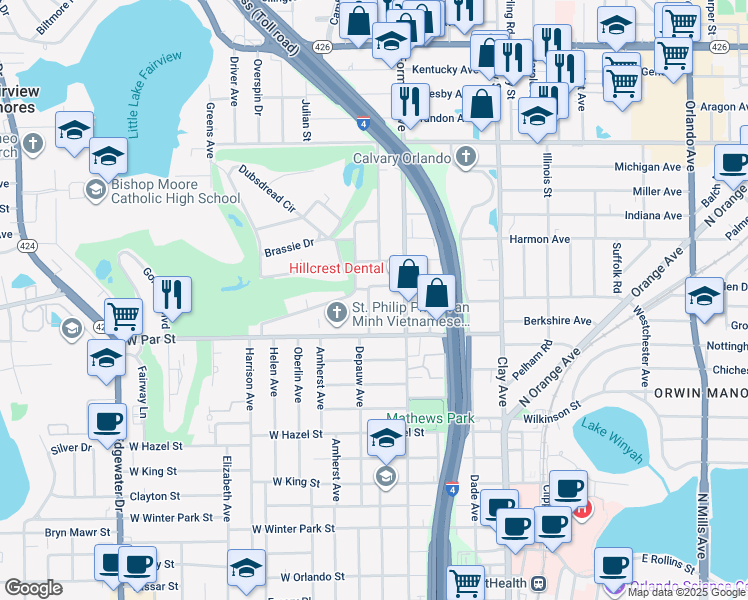 map of restaurants, bars, coffee shops, grocery stores, and more near 35 Roclair Avenue in Orlando