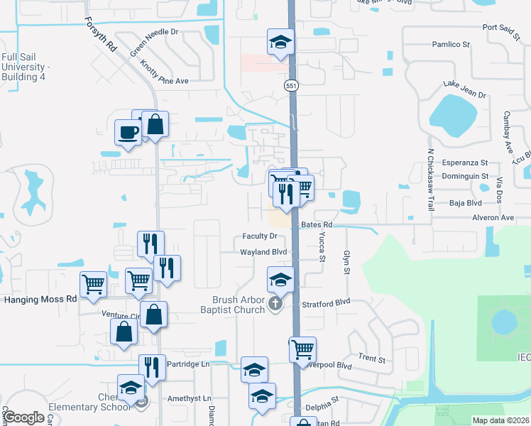 map of restaurants, bars, coffee shops, grocery stores, and more near 7341 Daniel Webster Drive in Winter Park