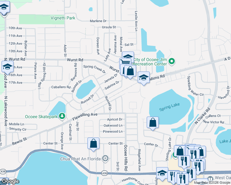 map of restaurants, bars, coffee shops, grocery stores, and more near 1001 Sabrina Drive in Ocoee