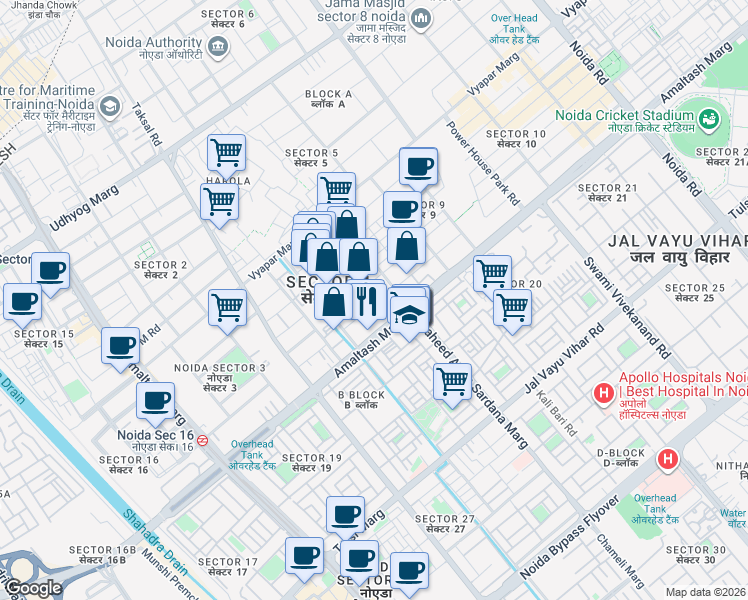 map of restaurants, bars, coffee shops, grocery stores, and more near in Noida