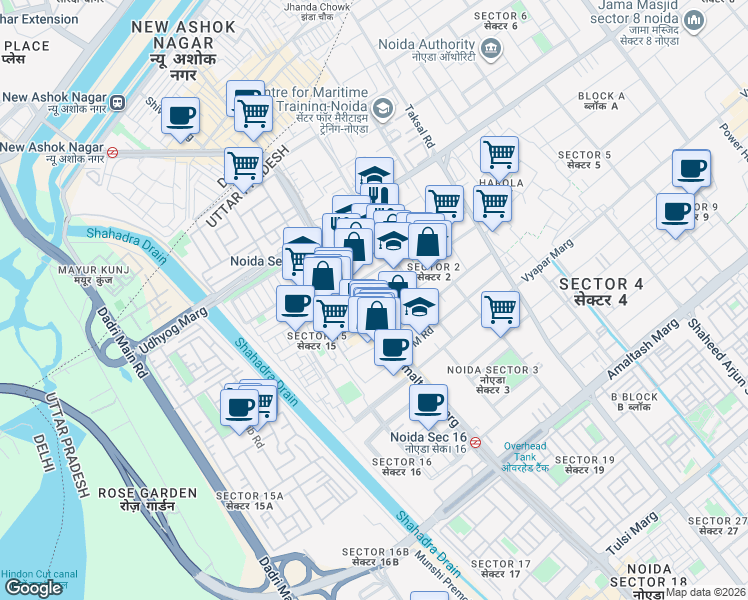 map of restaurants, bars, coffee shops, grocery stores, and more near in Noida
