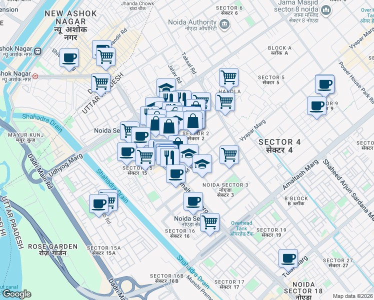 map of restaurants, bars, coffee shops, grocery stores, and more near in Noida