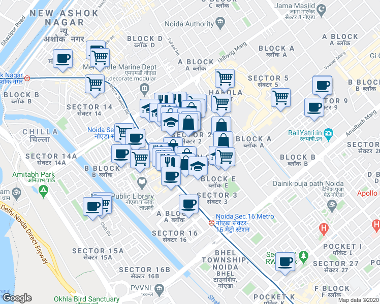map of restaurants, bars, coffee shops, grocery stores, and more near in Noida