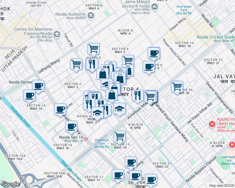map of restaurants, bars, coffee shops, grocery stores, and more near in Noida
