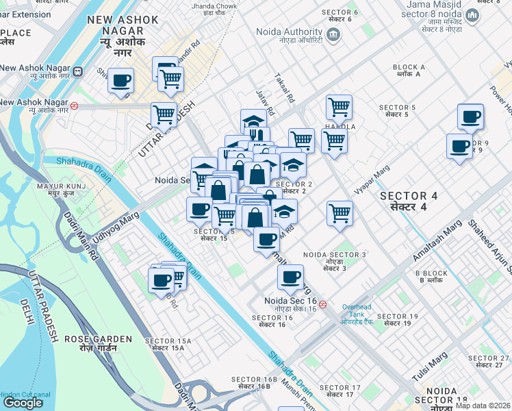 map of restaurants, bars, coffee shops, grocery stores, and more near in Noida