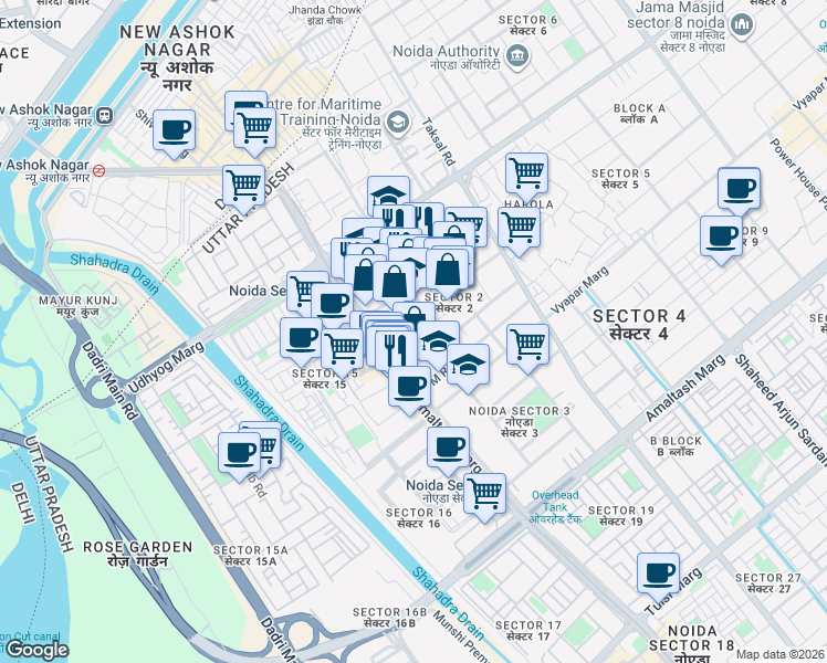 map of restaurants, bars, coffee shops, grocery stores, and more near in Noida