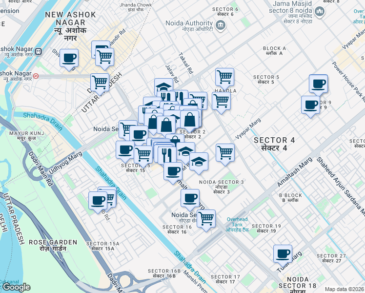 map of restaurants, bars, coffee shops, grocery stores, and more near in Noida