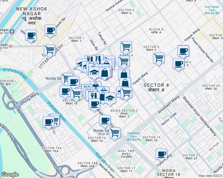 map of restaurants, bars, coffee shops, grocery stores, and more near in Noida