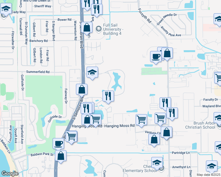 map of restaurants, bars, coffee shops, grocery stores, and more near 3248 Whisper Lake Lane in Winter Park