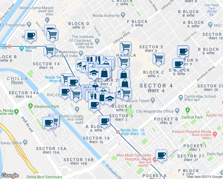map of restaurants, bars, coffee shops, grocery stores, and more near in Noida