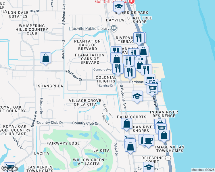 map of restaurants, bars, coffee shops, grocery stores, and more near 560 West Sunrise Drive in Titusville