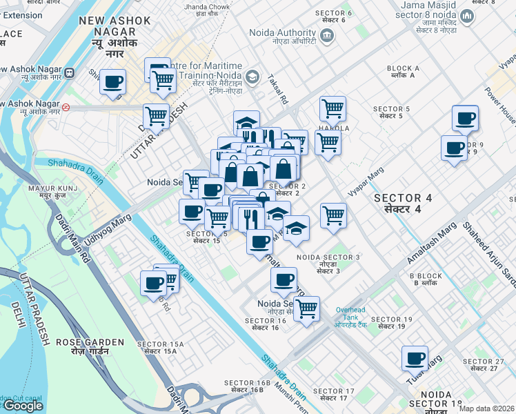 map of restaurants, bars, coffee shops, grocery stores, and more near in Noida
