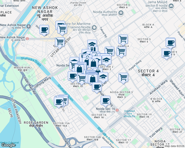 map of restaurants, bars, coffee shops, grocery stores, and more near in Noida