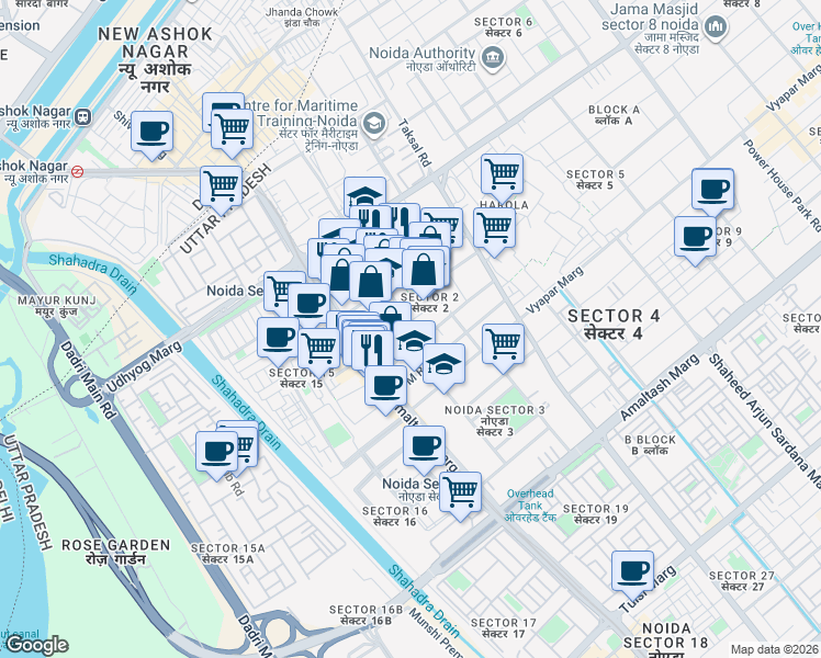 map of restaurants, bars, coffee shops, grocery stores, and more near in Noida