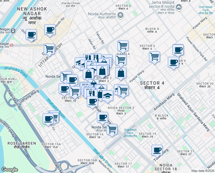 map of restaurants, bars, coffee shops, grocery stores, and more near in Noida