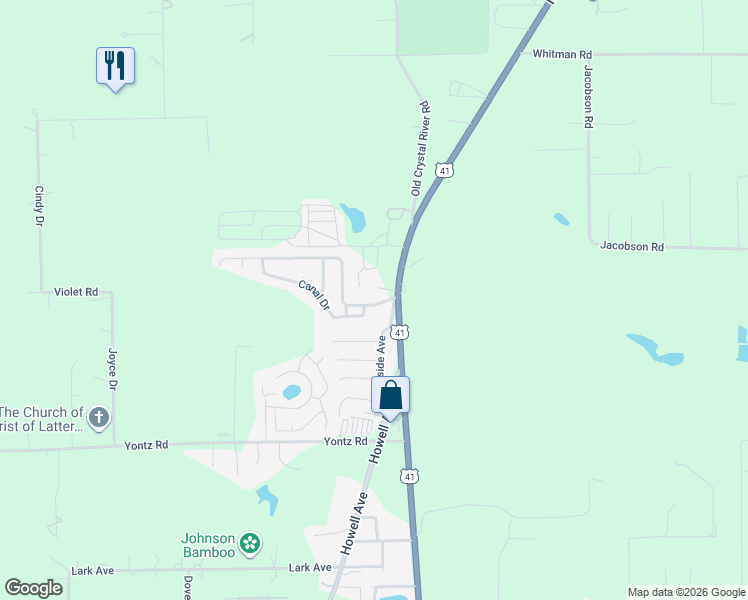 map of restaurants, bars, coffee shops, grocery stores, and more near 21505 Campbell Drive in Brooksville