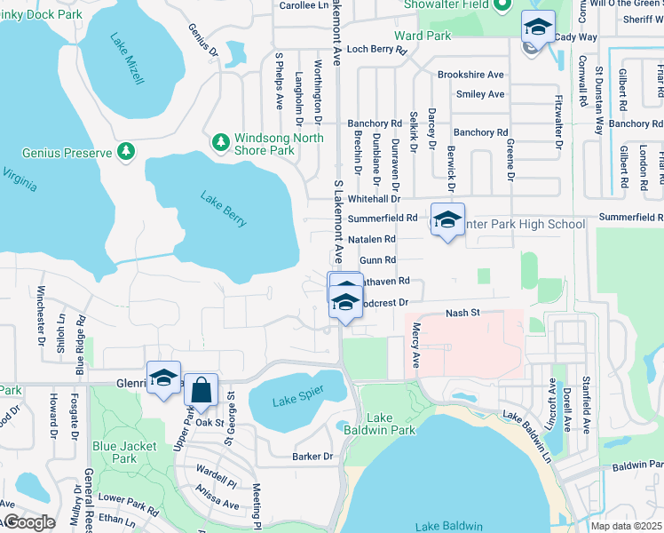 map of restaurants, bars, coffee shops, grocery stores, and more near 1001 Lakemont Circle in Winter Park