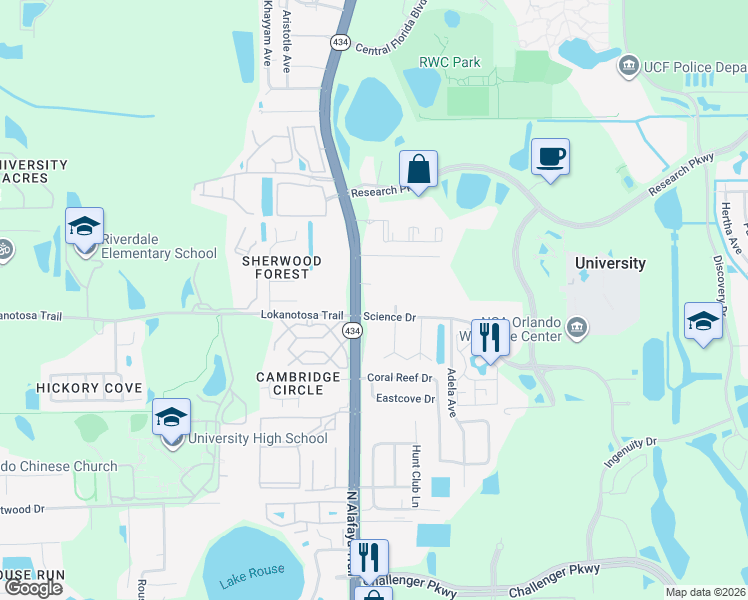 map of restaurants, bars, coffee shops, grocery stores, and more near 3133 North Alafaya Trail in Orlando