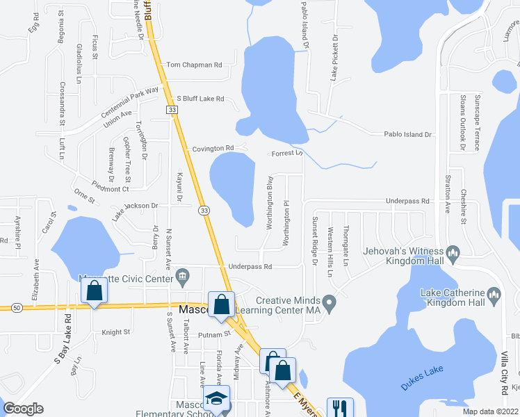 map of restaurants, bars, coffee shops, grocery stores, and more near 16029 Worthington Boulevard North in Mascotte