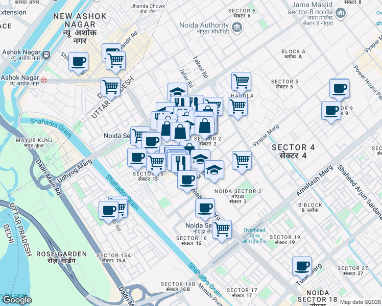 map of restaurants, bars, coffee shops, grocery stores, and more near in Noida