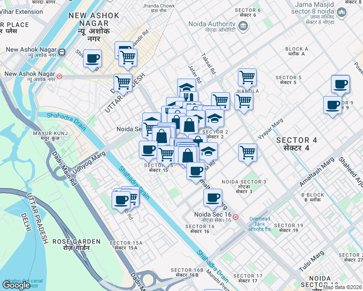 map of restaurants, bars, coffee shops, grocery stores, and more near B Block Road in Noida