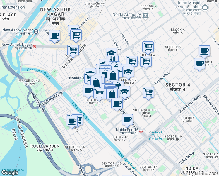 map of restaurants, bars, coffee shops, grocery stores, and more near in Noida