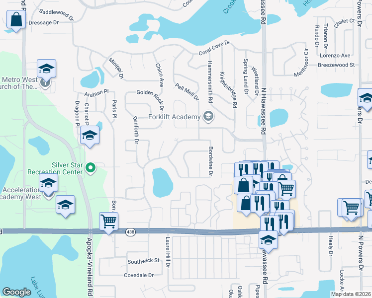map of restaurants, bars, coffee shops, grocery stores, and more near 2864 Hickory Creek Drive in Orlando