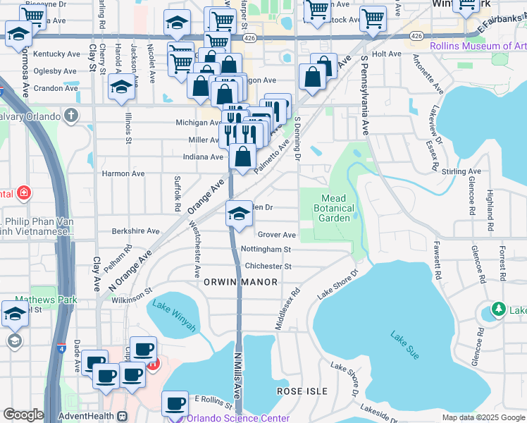 map of restaurants, bars, coffee shops, grocery stores, and more near 942 Garden Drive in Winter Park