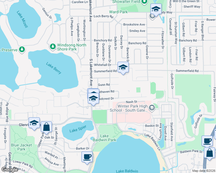 map of restaurants, bars, coffee shops, grocery stores, and more near 1025 Dunraven Drive in Winter Park
