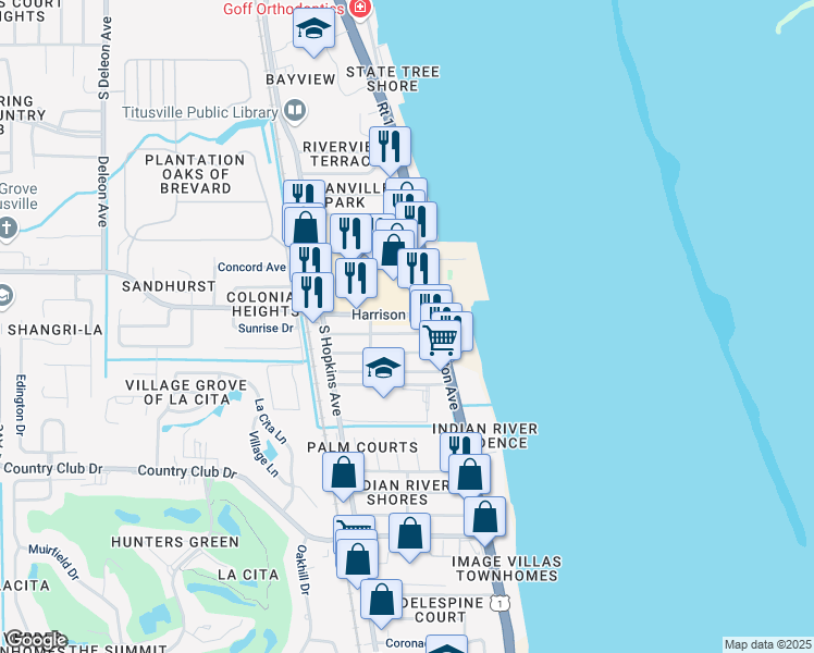 map of restaurants, bars, coffee shops, grocery stores, and more near 134 Beverly Street in Titusville