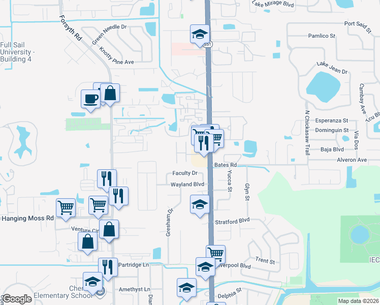 map of restaurants, bars, coffee shops, grocery stores, and more near 7341 Daniel Webster Drive in Winter Park