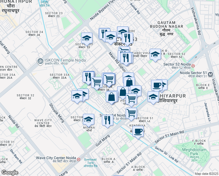 map of restaurants, bars, coffee shops, grocery stores, and more near in Noida
