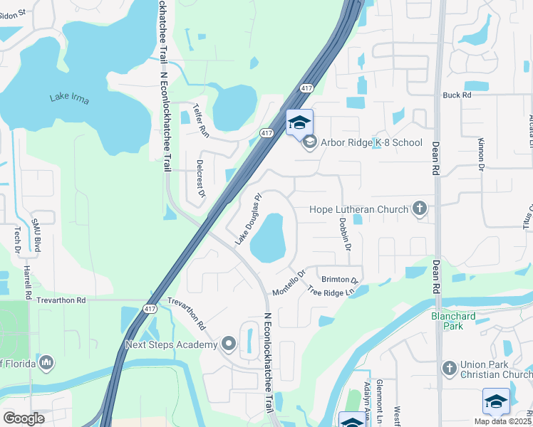 map of restaurants, bars, coffee shops, grocery stores, and more near 9705 Lake Douglas Place in Orlando