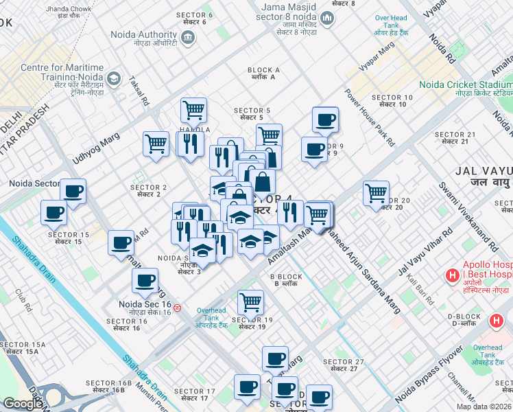 map of restaurants, bars, coffee shops, grocery stores, and more near in Noida